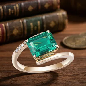 Anillo de Lujo con Esmeralda Cultivada en Laboratorio, Corte Esmeralda, Engaste de Garras, Certificado, Oro Sólido de 18K, Anillo de Compromiso, Boda, Fiesta Nupcial, Clásico - Product Image 3