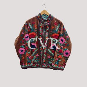 Manteau en velours brodé à la main avec motif floral, col mandarin, manches longues, grande taille, vêtements d'extérieur décontractés pour femmes, hiver - Product Image 1