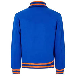 Veste universitaire bleu royal premium pour homme avec col montant, fermeture à boutons-pression, poignets et ourlet en tricot côtelé rayé, et poches latérales - Product Image 2
