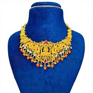 Collar Tradicional Indio de la Diosa Lakshmi, Gargantilla Nupcial Chapada en Oro con Cuentas de Rubí y Esmeralda, Joyería Étnica - Product Image 1