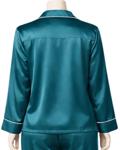 Ensemble de pyjama pour femme en satin bleu foncé personnalisé, manches longues, boutonné, style soie, vêtements de nuit, ensemble confortable en deux pièces - Product Image 6