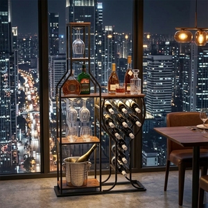 KHP Modern Minimalist <b>Metal</b> <b>Wine</b> <b>Rack</b> with 11-Bottle Storage and Glass Holder Solid Wood Shelves for Home Furniture - Product Image 3