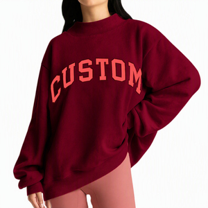 Custom Dark Navy Women Drop Shoulder Oversized Mock Neck Fleece Sweatshirt Soft Loose Fit Pullover Wholesale USA <b>UK</b> Europe EU - Product Image 6