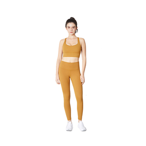 Women's Yoga Set Solid Color High Waist <b>Seamless</b> <b>Leggings</b> Crop Top Racerback Sportwear Full Length Mustard Yellow - Product Image 1