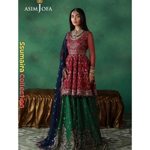 ชุดเลเฮนกาแบบเปปลัมสีสันสดใสประดับอัญมณี คอลเลคชั่น Asim Jofa SSUMAIRA พร้อมเสื้อปักลายผ้าตาข่าย สำหรับงานแต่งงานหรืองานอีดอย่างเป็นทางการ - Product Image 6