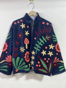 Handmade Winter <b>Navy</b> Cotton Velvet Suzani <b>Jacket</b> <b>Women</b> Floral Mushroom Embroidery Bohemian Ethnic Designer Boutique Outerwear - Product Image 1