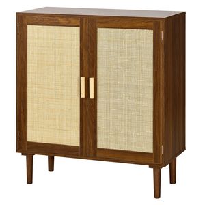 Mobiletto in Rattan con Ripiani Regolabili e 2 Ante Magnetiche, Credenza Decorativa con Gambe in Legno per Soggiorno - Product Image 1