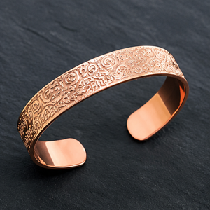 Authentic Ornate <b>Engraved</b> Pure Metal Open Cuff <b>Bangle</b> With Embossed Floral Pattern Exquisite Metal Jewelry - Product Image 1