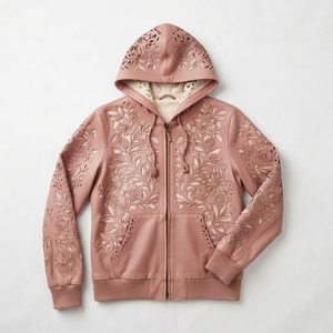 Pink Embossed Floral Hooded PU Leather <b>Jacket</b> With Zipper Closure Casual Unisex Style Autumn Wear - Product Image 1