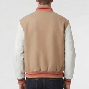 Blouson universitaire personnalisé pour homme, corps crème, manches en cuir blanc, col montant côtelé rayé rouge, color block, veste d'automne - Product Image 2