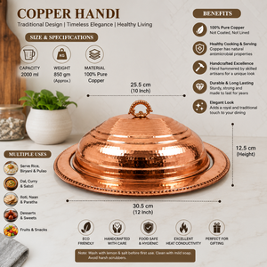 Handmade Pure Copper <b>Food</b> Serving <b>Tray</b> with Dome Lid | Hammered Copper Serving Platter with Cover | Luxury Buffet <b>Food</b> <b>Warmer</b> - Product Image 5