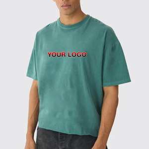 เสื้อยืดทรงบ็อกซี่สีเขียวอมฟ้าสำหรับผู้ชาย คอวี แขนสั้น สไตล์ลำลอง สตรีทแวร์ ผ้าฝ้าย 100% รับสกรีนโลโก้ - Product Image 4