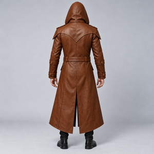 Manteau long en cuir marron vintage pour homme, style gothique, avec capuche, style steampunk, ceinture ajustable à la taille, vente en gros personnalisée - Product Image 5