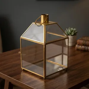Irregular <b>Brass</b> <b>Lantern</b> with Glass Panels and Candle Holder Handmade Artisan Design for Wedding Table Decoration - Product Image 4