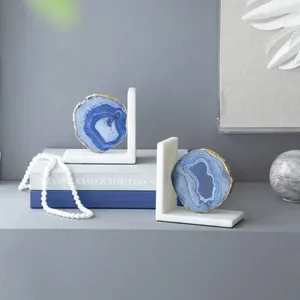 Luxury Natural Blue Agate Marble Bookends Gold Edged Crystal Stone Geode <b>Book</b> Ends Holder for Home Office <b>Study</b> Decor - Product Image 6