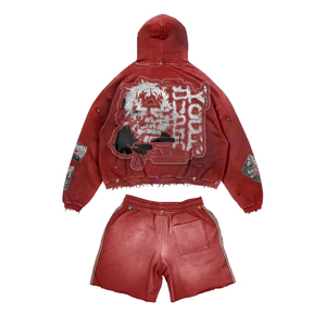 Ensemble sweat à capuche et short pour homme OEM, 100 % coton respirant, streetwear, broderie vieillie, logo personnalisé, 2 pièces, vêtements de sport à séchage rapide - Product Image 2