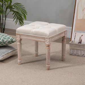 Antique 15.75\" Tufted Foot <b>Stool</b> Vintage Ottoman Rustic Wood Legs Beige Upholstered Seat Bench for Home Office <b>Bedroom</b> Living - Product Image 2