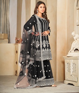 ชุดอานาร์กาลีสีดำคุณภาพดีสำหรับผู้หญิง สไตล์ปากีสถาน เหมาะสำหรับงานแต่งงานและงานเฉลิมฉลอง แขนสามส่วน แบบเย็บกึ่งสำเร็จรูป - Product Image 2