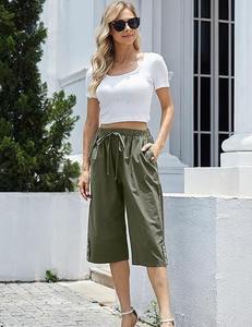 Pantalones Culottes Verde Oliva para Mujer, Cintura Media, Cordón Ajustable, Corte Holgado, Largura hasta la Rodilla, Color Sólido, Casuales de Verano, con Bolsillos - Product Image 1
