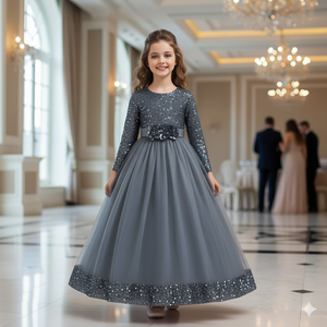 ชุดเดรสเด็กผู้หญิงสีเทาประดับเลื่อมขายดีที่สุดสำหรับงานแต่งงาน ชุดราตรีงานวันเกิดเด็กปักลายกำมะหยี่หรูหรา ชุดสำหรับงานพิธีการ - Product Image 5