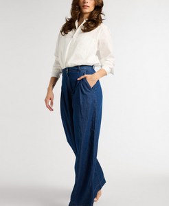 Jean large pour femme, taille haute, bleu clair, en denim mélangé coton, couleur unie, vente en gros - Product Image 3