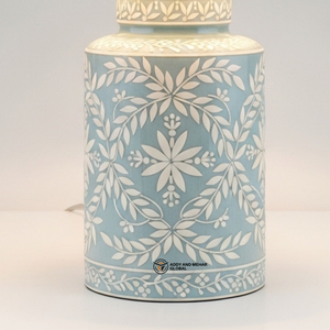 Lampe moderne en os bleu incrusté avec abat-jour en tissu |   Éclairage de luxe pour salon et chambre à coucher - Product Image 5