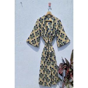 Peignoir Kimono en Coton à Motifs Floraux, Robe Rayée Jaune Légère, Robe de Chambre d'Été, Tenue de Détente Bohème pour Spa - Product Image 1