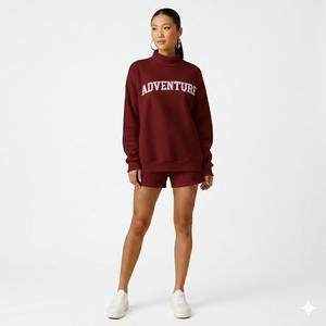 Conjunto de Dos Piezas Moderno y Minimalista para Mujer, Top de Manga Larga con Cuello Alto y Pantalones Cortos Largos hasta la Rodilla, Cintura Alta, Color Sólido, para Invierno - Product Image 2