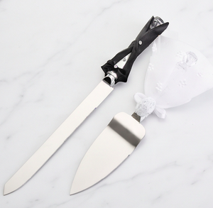 Ensemble de 2 couteaux et spatules à gâteau en acier inoxydable avec poignée en cristal et ruban, pour mariage et fêtes - Product Image 1