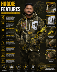 Sudadera con capucha de camuflaje para hombre con cremallera, parche de tachuelas y gráficos amarillos, estilo oversize hip hop, diseño de logo frontal - Product Image 1