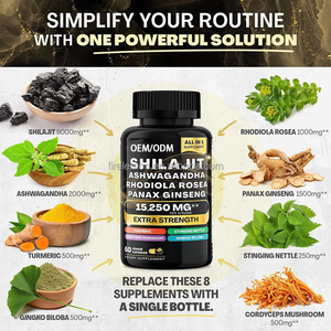 Cápsulas de Extracto Herbal <span class=keywords><strong>Natural</strong></span> de Shilajit, Ashwagandha y Rhodiola, Suplemento Energético Cognitivo para Adultos, OEM ODM - Product Image 4
