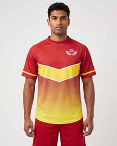 เสื้อวอลเลย์บอลผู้ชายสั่งทำพิเศษราคาโรงงาน สีแดง โลโก้ปีกแบบกำหนดเอง ผ้าโพลีเอสเตอร์ 100% เสื้อยืดแบบซับลิเมชั่น - Product Image 1