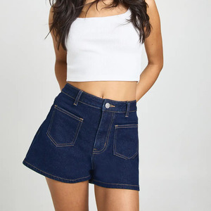 Shorts de mezclilla azul oscuro de cintura alta con costuras premium personalizadas para mujer, shorts de jean de algodón sólido de pierna recta casuales para verano. - Product Image 1