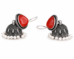 Oxidized <b>Silver</b> <b>Earrings</b> Orange Gemstone Indian Jhumka <b>Earrings</b> for Women - Product Image 2