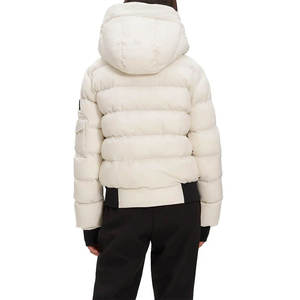 White Hooded Puffer <b>Jacket</b> Stand Collar Zipper Closure Quilted Down Filled Windproof Winter Coat Short Length Casual Style - Product Image 2