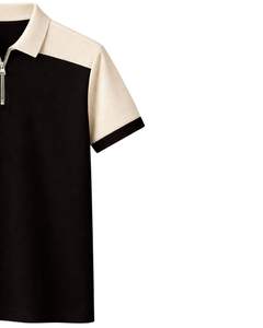 เสื้อโปโลผู้ชายสีดำและสีเบจ คอซิป แขนสั้น ผ้าถักลำลอง แต่งสีบล็อก ผลิตตามสั่ง สำหรับฤดูร้อน ขายส่ง ไซส์ XL - Product Image 3