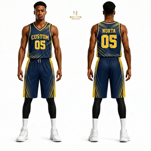 Uniforme de Baloncesto Estilo Michigan de Tela de Poliéster de Alto Rendimiento, Azul Marino y Amarillo Sublimado, Transpirable, Conjuntos Profesionales para Equipos - Product Image 1