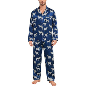 Pijamas de seda para hombre, conjunto de ropa de dormir de satén azul con estampado animal de manga larga, ropa informal de primavera - Product Image 1