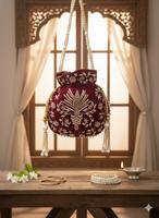 Sac Potli en velours brodé à la main indien avec poignée en perles, motif floral, fermeture à cordon, capacité 1L, forme régulière, sangle unique