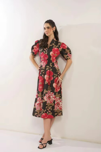 Vestido Midi Floral Negro para Mujer, Tejido Flexible de Algodón Suave y Transpirable con Estampado Vibrante en Toda la Prenda, para Uso Casual de Verano - Product Image 4