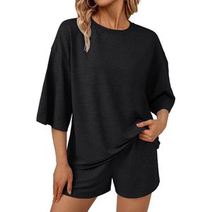 2025 femmes pour salon ensembles deux pièces manches 3/4 t-shirts surdimensionnés et shorts taille élastique tenues d'été en tissu côtelé taille XS - Product Image 5