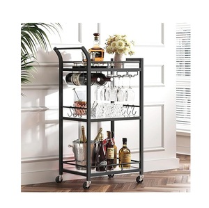 3 Tier Industrial Black Bar Cart with Built in Wine Rack and Stemware Holder Luxury Rectangular <b>Serving</b> <b>Trolley</b> on Wheels - Product Image 3