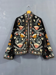 Handmade Black Velvet <b>Quilted</b> Short Jacket for Women Vintage Suzani Embroidered Coat Bohemian Gypsy Warm Cropped Jacket - Product Image 3