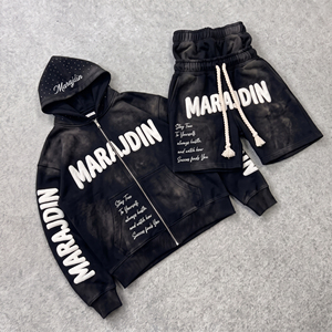 Sun Faded Black Tracksuit Heavyweight Cotton Blank Crop Zip Up Hoodie And Shorts Set Custom High Quality Streetwear <b>Men</b> - Product Image 1