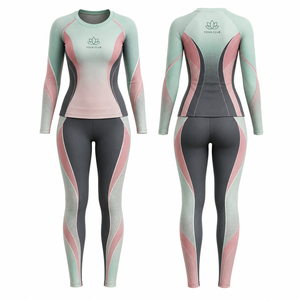 Yoga Club Women's 2 Piece Crew Neck Yoga Set Teal Pink Gray Color Blocking Breathable Spandex <b>Mesh</b> Full Length High Waist - Product Image 1