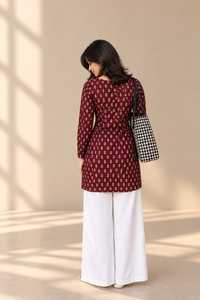 Block Print Handmade Kurti | Square Neck | Full Sleeve | Brown type | Stylish Ethnic <b>Top</b> | Short Kurti for Women - Product Image 2