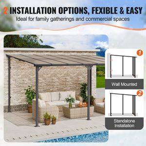 Pergola autoportante en aluminium à toit rigide 10 x 14, résistante aux UV, avec murs en poly, style adossé au mur pour patio - Product Image 4