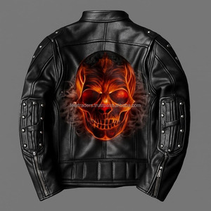 Gótico Cyber Moto estilo genuino piel de vaca cuero lienzo impreso calavera Punk Biker carta patrón chaqueta de invierno para hombres - Product Image 3
