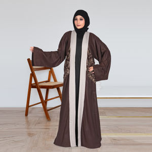 Abaya de Lino con Frente Abierto, Bordado con Lentejuelas, Diseño de Paneles en Contraste, Elegante, Modesto, para Eid y Ramadán, Estilo Lujoso, Holgado y Largo hasta el Suelo - Product Image 3