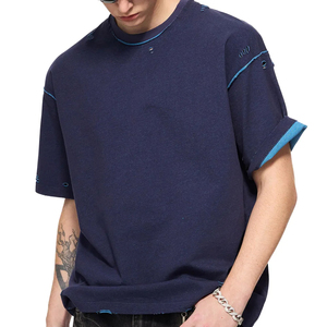 Men's <b>T</b>-<b>shirts</b> Bulk Plain Oversized Distressed Blue <b>T</b>-<b>shirt</b> Round <b>Collar</b> <b>T</b> <b>shirts</b> with logo Custom logo Printed - Product Image 4